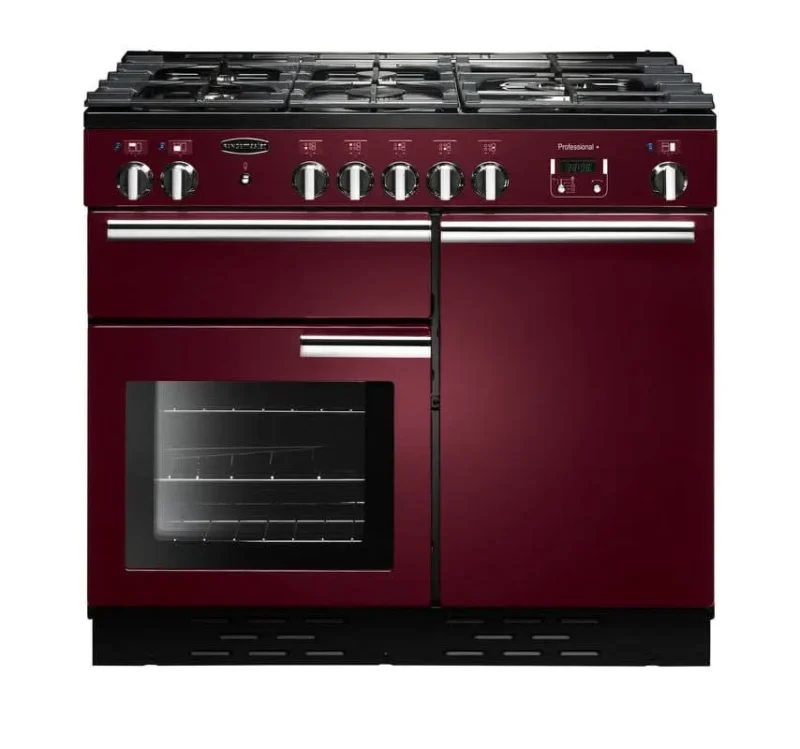 rangemaster professional plus 100 dual fuel cooker cranberry with chrome trim