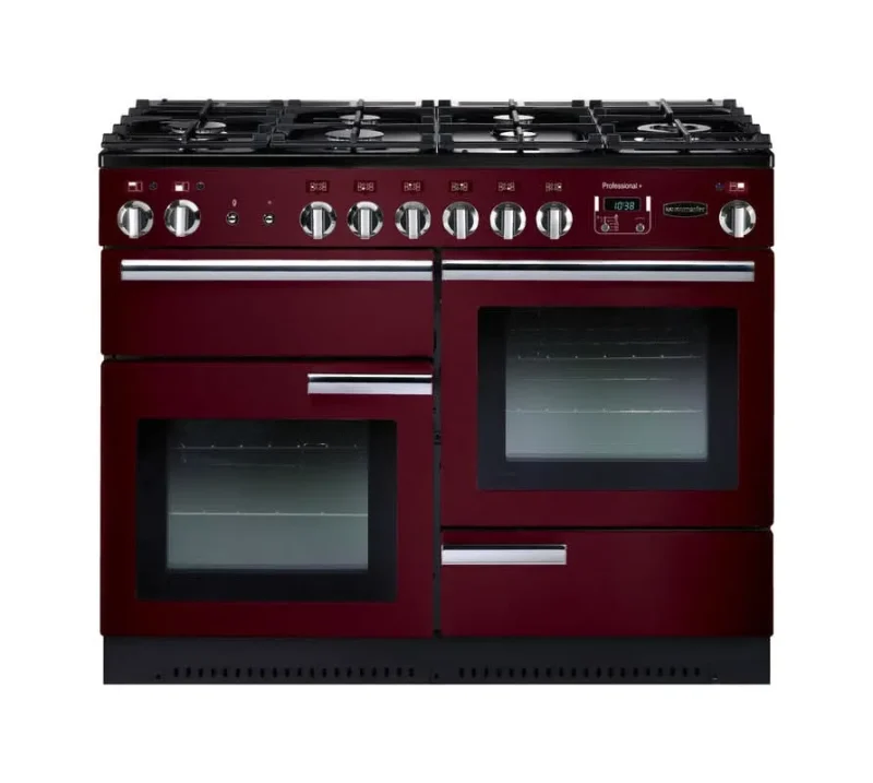 rangemaster professional plus 110 dual fuel range cranberry w chrome trim