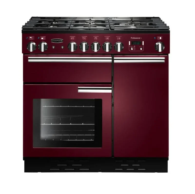 rangemaster professional plus 90 dual fuel cooker cranberry with chrome trim