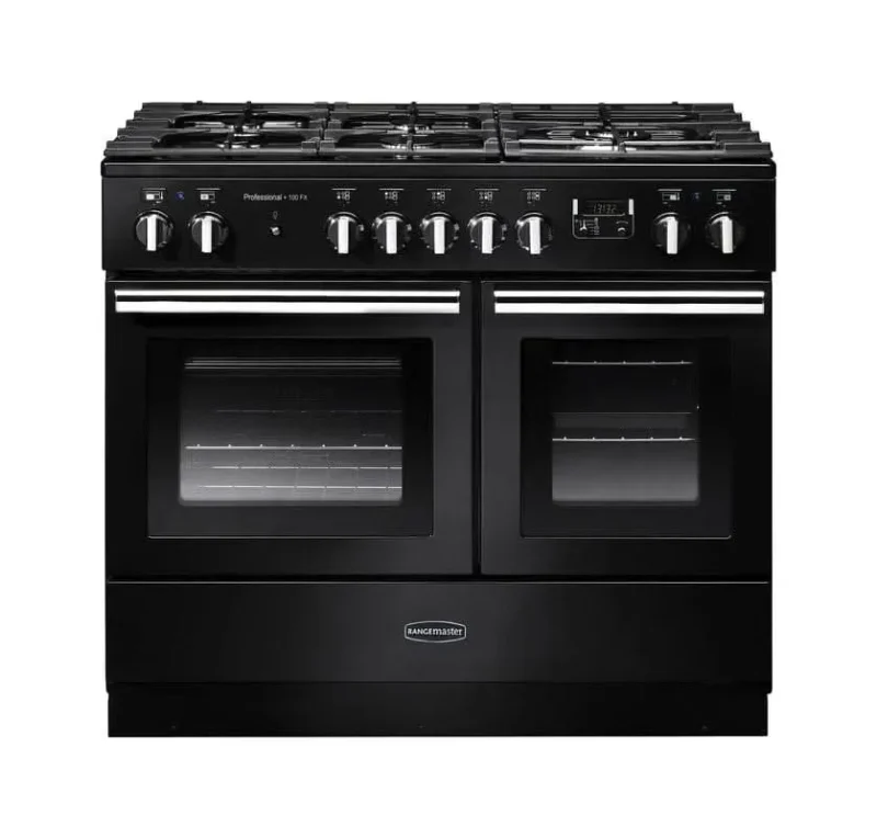 rangemaster professional plus fx 100 dual fuel range cooker gloss black with chrome trim