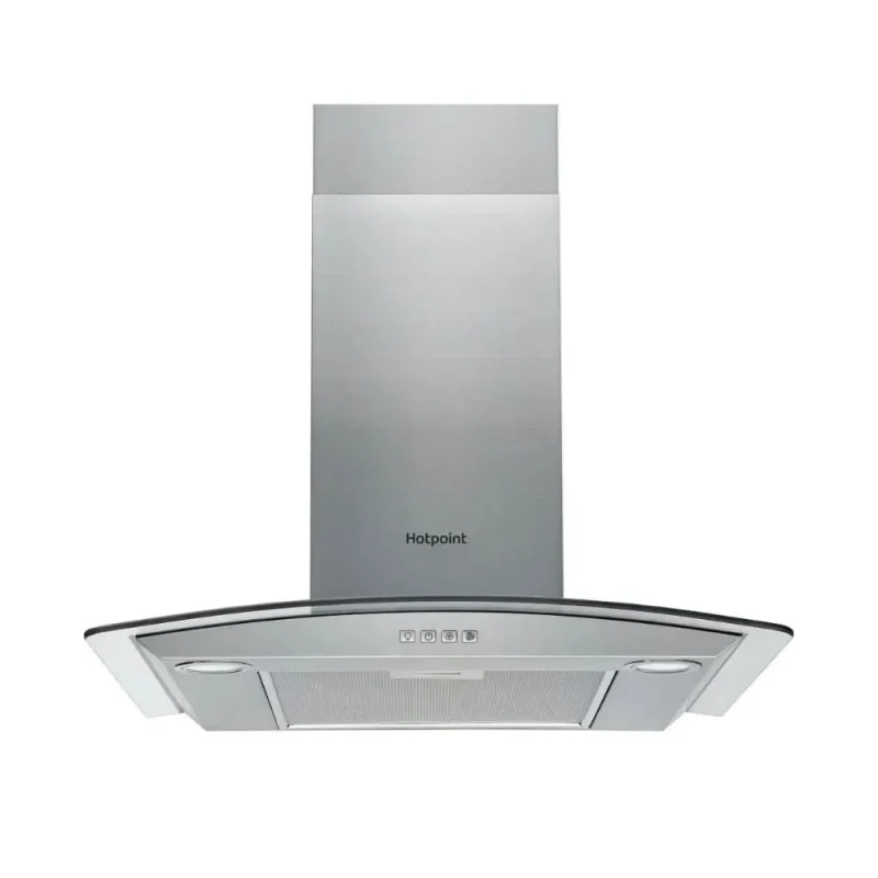 stainless steel 60cm hotpoint hood curved glass phgc6 4