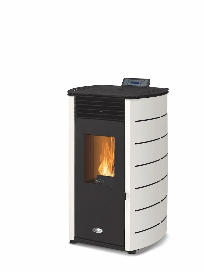 stanley solis k100 8kw white curve wood pellet stove k100spwhcur